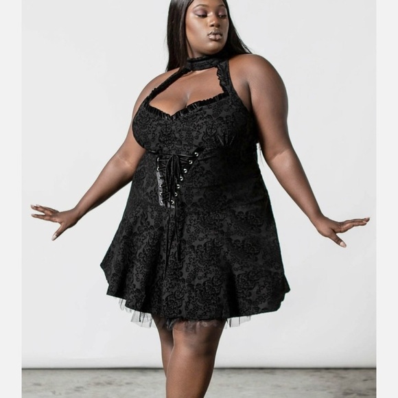 Killstar Gothic Black Velvet Damask Halter Dress Lace Up Corset Tulle Hem XXL - Picture 7 of 16